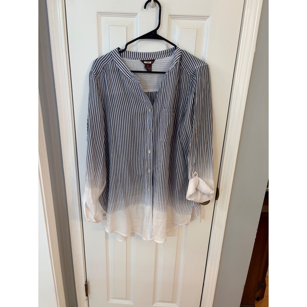 Multiples Blouse Womens L Blue Striped Ombre Roll Tab Sleeve Tunic Button Up
